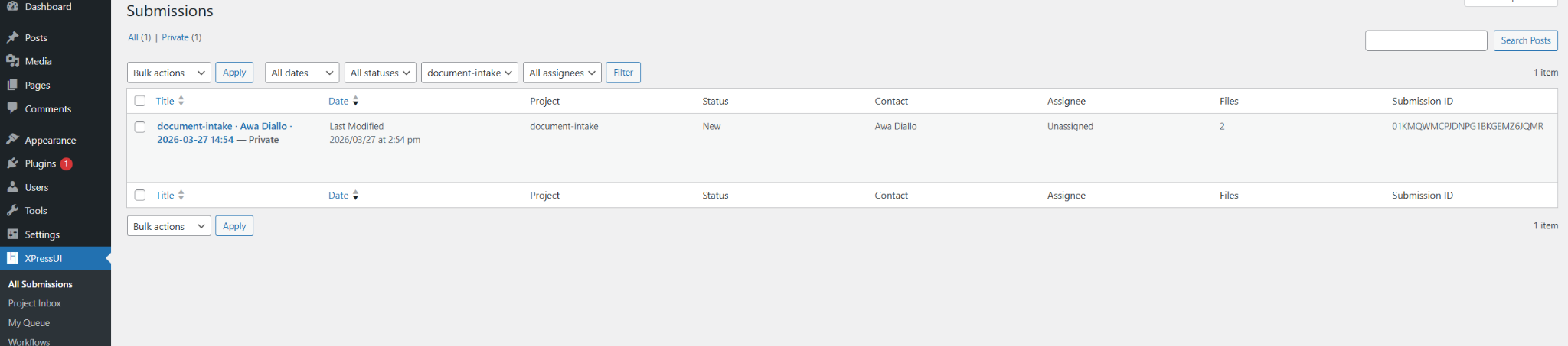XPressUI submission list in wp-admin with status badges, project filter, and row actions
