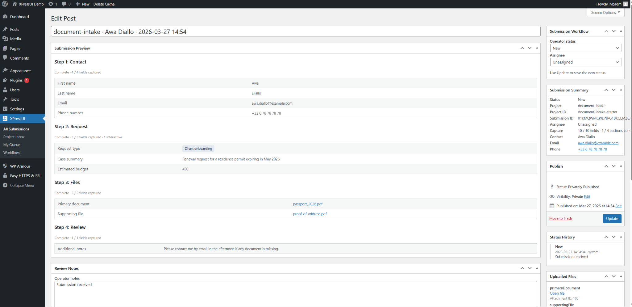 XPressUI submission detail view with field values, uploaded documents, status workflow, and assignment panel